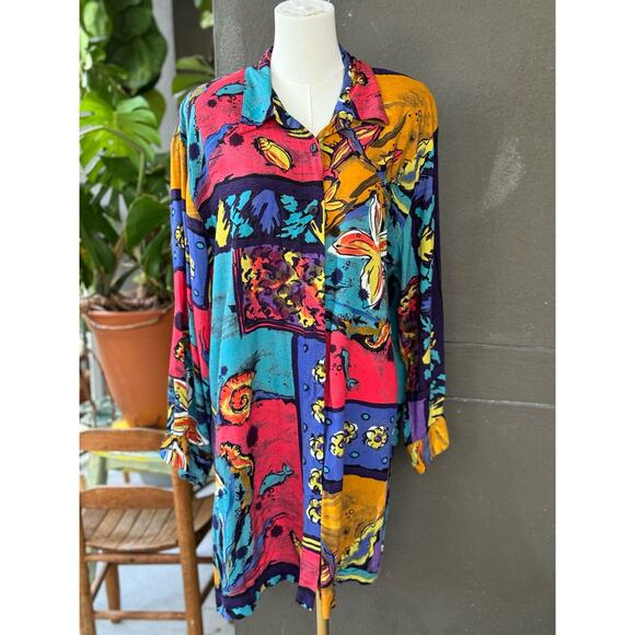 Vintage 80s Sharon Anthony Women’s 16W/36 Multicolor Button Up Shirt Dress USA